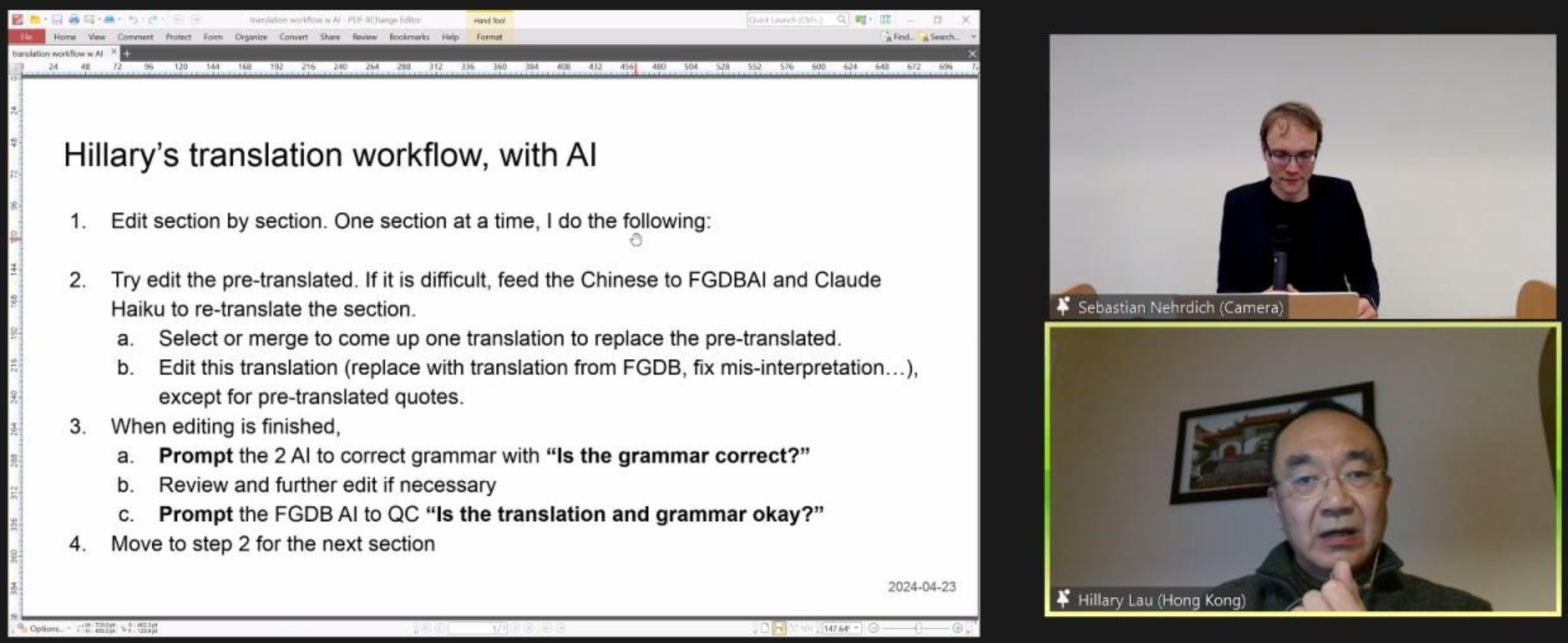 翻譯人員分享運用AI的翻譯流程，Nehrdich博士給予建議，提高翻譯效率。